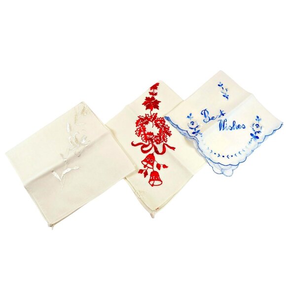 1940s Hand Embroidered Hankie Lot of 3 - Floral, Holiday, Sentiment - Picture 1 of 7
